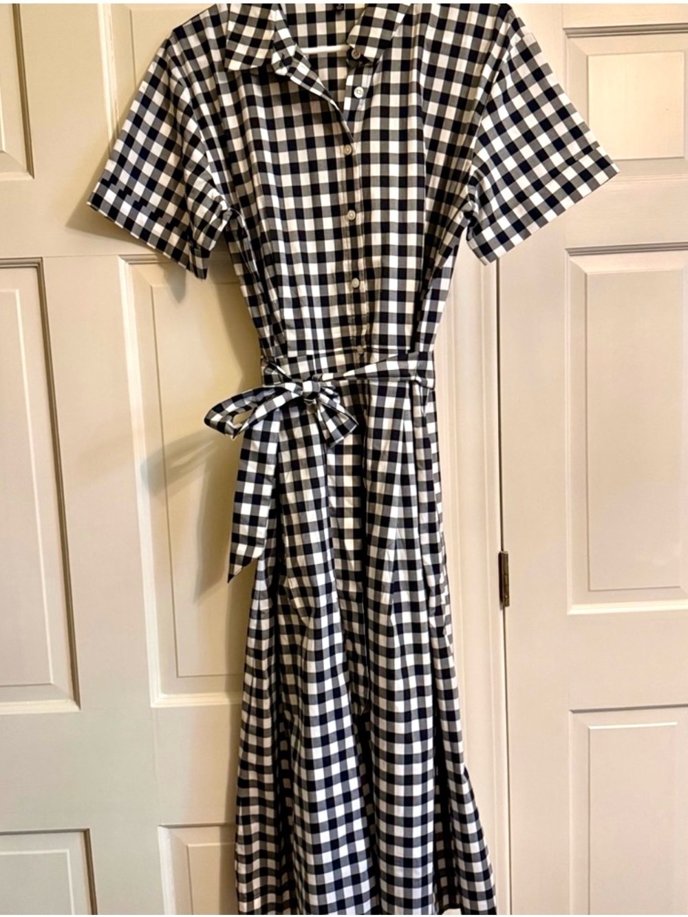 Talbots Black and White Gingham Button-Front Cotton Shirt Dress w/ self-tie belt